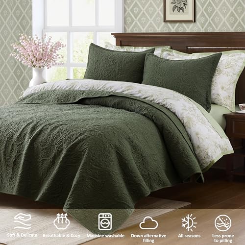 WDCOZY Paisley Quilt Set Oversize King Size, Olive Green Matelasse Lightweight Bedspread, Soft Farmhouse Rustic Coverlet, Spring Summer Thin Comforter, Country Bedding, 116x106 inches, 3 Pieces - color: Olive Green, size: Cal King (116"x106")