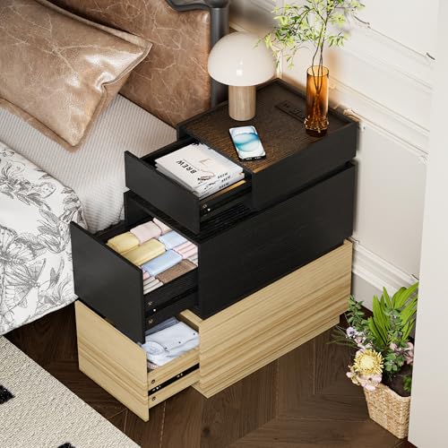 End Table with Charging Station, Nightstand with Drawers and Storage | Narrow Side Table with USB Ports and Power Outlets for Living Room and Bedroom, Black and Brown