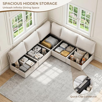 Breakfast Nook Bench with Storage, 5 Seats Modular Corner Banquette Seating | Dining Settee Couch, Hidden Storage, Modular L Shaped Upholstered Backrest, Fits Kitchen Dining Nooks, Beige - size: 5 Seats