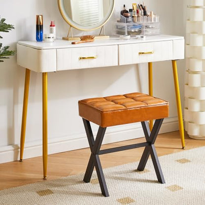 IBUYKE Square Makeup Stool with X-Leg, PU Vanity Chair, Light Brown LG-71J | Footrest Ottoman Seat Multi-Use Small Side Table Bedroom Living Room - color: Light Brown, size: 17.72"-Leather