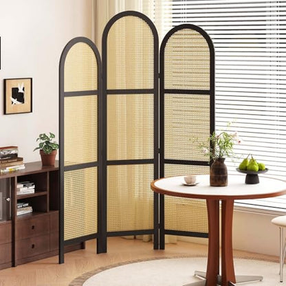 3-Panel Hand-Woven Rattan Room Divider, Tall Foldable Privacy Screen with Wooden Frame - Freestanding Portable Partition for Home Office, Bedroom, Bathroom(Black-Wave) - color: Black-wave