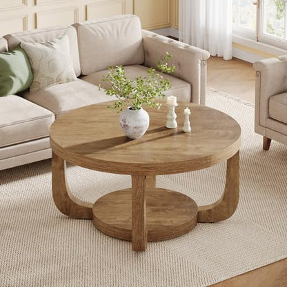 Tribesigns Round Coffee Table, 2-Tier Circle Coffee Table with Storage, Modern Wooden Accent Center Table for Living Room, Thick Tabletop & Base (Rustic Oak) - color: Rustic Oak