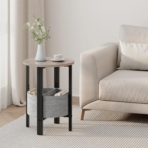 Small Round Side Table End Table, Tall Accent Table with Storage Basket, Set of 2 Half Round Tables Half Moon Tables, Coffee Bedside Tables, Modern Nightstand for Living Room Bedroom, Gray - color: Greige