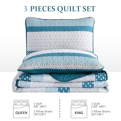 WONGS BEDDING Teal Blue Queen Size Quilt Set, Boho Striped Bedspread | 3 Pieces Ultra Soft Lightweight Bedding Set with 2 Pillow Shams for All Seasons,Reversible Polyester (96"x90") - color: Blue Grey, size: Queen