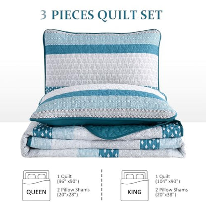 WONGS BEDDING Teal Blue Queen Size Quilt Set, Boho Striped Bedspread | 3 Pieces Ultra Soft Lightweight Bedding Set with 2 Pillow Shams for All Seasons,Reversible Polyester (96"x90") - color: Blue Grey, size: Queen