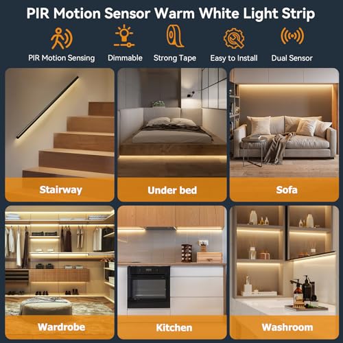 Dual Motion Sensor LED Light Strip 19.7ft Warm White for Stairs Bed Indoor | Motion Activated LED Strip Lights,Two-End Sensors,12v Dimmable Auto On/Off Night Lighting for Hallway Bedroom Cabinet Kitchen - size: 19.7ft--Two Motion Sensors