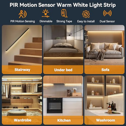 Dual Motion Sensor LED Light Strip 19.7ft Warm White for Stairs Bed Indoor | Motion Activated LED Strip Lights,Two-End Sensors,12v Dimmable Auto On/Off Night Lighting for Hallway Bedroom Cabinet Kitchen - size: 19.7ft--Two Motion Sensors