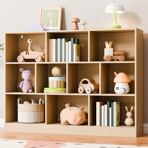 Oak Bookshelf, 3-Tier Open Shelf Bookcase, 10 Cube Storage Organizer with Anti-Tilt Device, Freestanding Horizontal Bookshelf Cube Shelf for Bedroom, Living Room - color: Oak, size: 43.31"W x 33.07"H