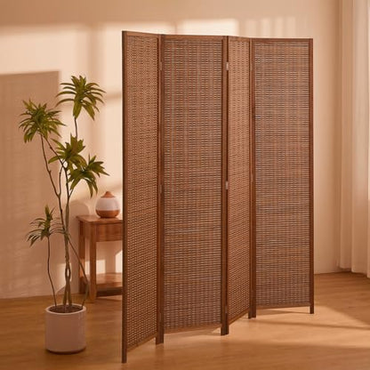 4 Panel Bamboo Room Divider, Folding Privacy Screen, Dark Brown | Pine wood frame, dual-action stainless steel hinges, 5.6FT tall, extends to 63 inches wide, no assembly - color: Dark Brown, size: 4 Panel