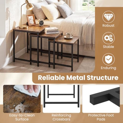 Giantex Nesting Coffee Table Set of 3, Small Center Tables for Living Room | Modern Coffee Table with Metal Frame, Space-Saving Stacking End Table for Small Space - color: Rustic Brown