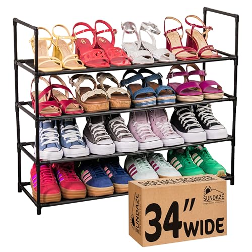 Sundaze Shoe Rack - 4 Tier Shoe Rack for Front Door Entrance, Sturdy Long Shoe Organizer for Closet, Bedroom, Entryway, Garage, Non Woven Fabric Shelf, Black, Holds Up to 20 Pairs - size: 4 Tier (34.3" W)