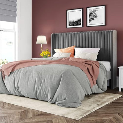 Allewie Queen Size Velvet Bed Frame/Vertical Channel Tufted Wingback Headboard/Upholstered Platform Bed/Strong Wooden Slats/No Box Spring Needed/Easy Assembly/Grey - color: Grey, size: Queen