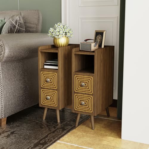 Narrow Nightstands Set of 2, Mid-Century Modern Bedside Table with Carved Drawer and Storage Shelf, Farmhouse Slim Side End Table for Bedroom and Living Room - color: Walnut-narrow Nightstands Set of 2