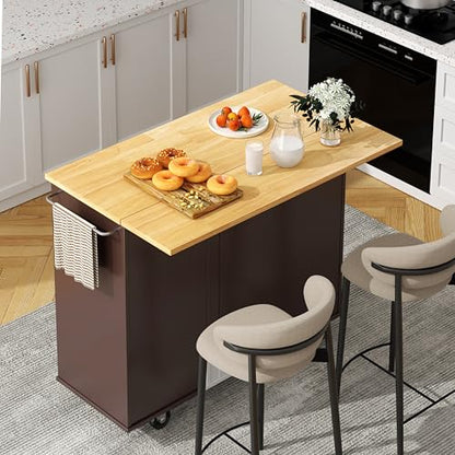 Shintenchi Kitchen Island with Folding Drop Leaf, Rolling Island Table with Storage, Kitchen Cabinet on Wheels with Seating Area for Kitchen, Bar Cart with Cabinet, Brown - color: Brown