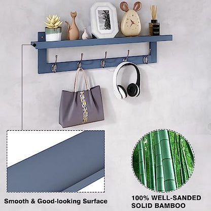 SMIBUY Coat Hooks with Shelf Wall-Mounted, 29.2 Inch Entryway Coat Rack for Wall, Bamboo Hanging Shelf with 5 Double Metal Hooks for Bathroom, Bedroom, Kitchen, Living Room, Mudroom (Grey) - color: Gray