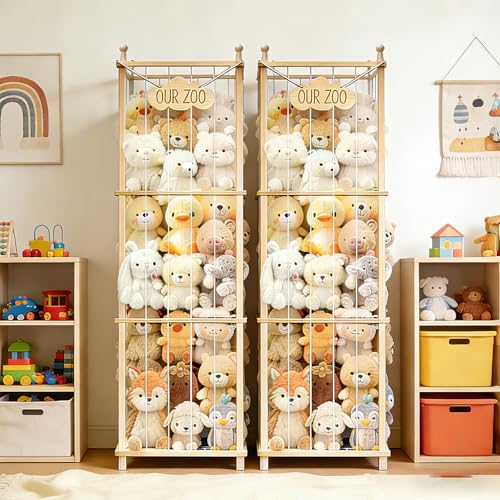 Stuffed Animal Storage,Large Wooden Toy Organizer,Anti-Tip Design,Easy Assembly - size: 53.9*15.7*15.7 IN*2