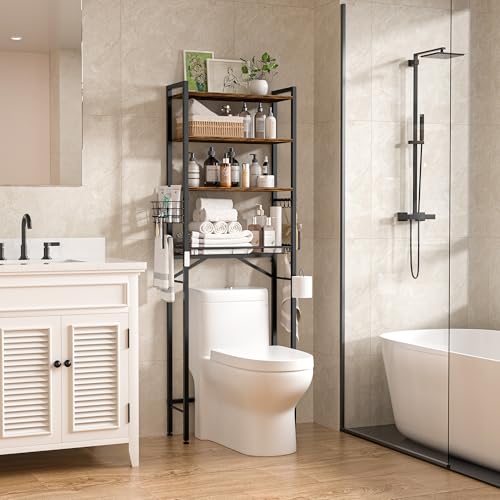 Over-The-Toilet Storage Rack, 4-Tier Bathroom Organizer Shelf Over Toilet with Adjustable Shelf and Basket, Freestanding Space Saver Bathroom Shelves Above Toilet for Room(Brown) - color: Brown