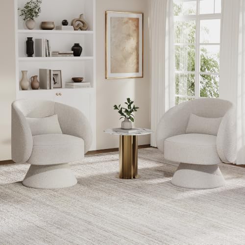 Swivel Barrel Chair Set of 2 , 360 Degree Small Accent Chair, Boucle White | Modern 360 Degree Swivel Barrel Chair Set, Comfy Small Vanity Accent Chair with Pillow for Living Room,Bedroom,Office - color: White