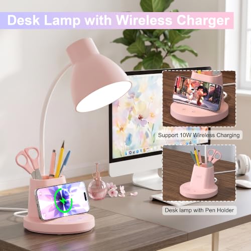 10W Wireless Charging LED Desk Lamp with Pen Holder, CRI 95, Pink | 800LM, 3 Modes, 360°Flexible Arm, Touch, Brightness, Table Lamp for Home Office, Dorm, Bedside, Study, Reading, with Adapter - color: Pink