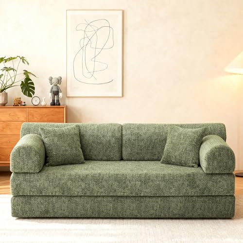 KEIKI 4-in-1 Folding Convertible Sofa Bed, 78" Oversized Loveseat Sleeper with Pull Out Bed, Corduroy Upholstered Boneless Apartment Size Comfy Couch for Living Room, Chaise Lounge, Moss Green - color: Moss Green