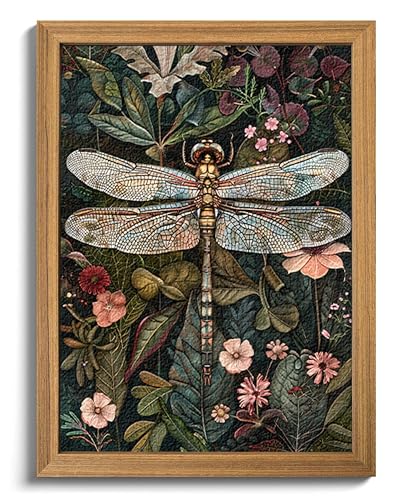 Framed Vintage 3D Textured Wall Art - Dark Green Dragonfly Flowers Wall Decor - Hand Drawn Sandstone Nature Botanical Pictures for Living Room Bedroom Home Decor 24x36in - color: Colorful dragonfly, size: 36"L x 24"W