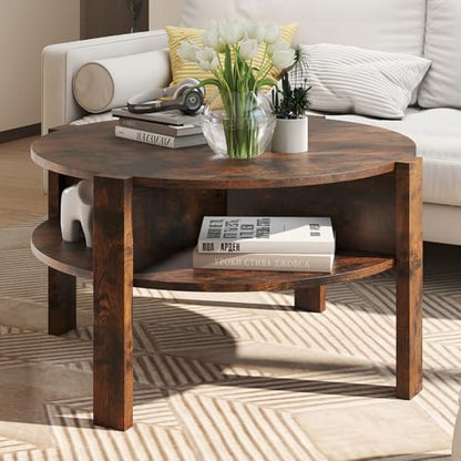 GIANTEX Round Coffee Table, Mid Century Modern Center Table (Rustic Brown) | 2-Tier Storage Shelves & 4 Side Compartments, Wood Coffee Table for Living Room, Small Spaces - color: Rustic Brown