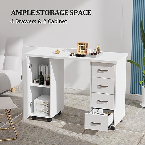 OmySalon Manicure Table Nail Desk w/Cabinet, Drawers, Wheels & Wrist Rest, Spa Salon Beauty Home Wooden Technician Workstation Nail Art Equipment for Nail Tech, White - color: White