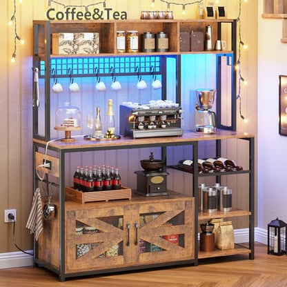 Itaar 47.2 Inch Bakers Rack with Power Outlet, Microwave Stand with Storage, Farmhouse Coffee Bar Cabinet Station with Wine Rack, Iron Mesh and 8-S Hooks (Rustic Brown) - color: Rustic Brown