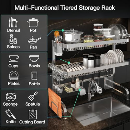3 Tier Extra Large Stainless Steel Over The Sink Dish Drying Rack | Rust Proof Metal, Expandable Kitchen Sink Drainer, Counter Space Saving, Heavy Duty, Modern Silver, Multifunctional Storage - color: Silver, size: Over Sink 3 Tier