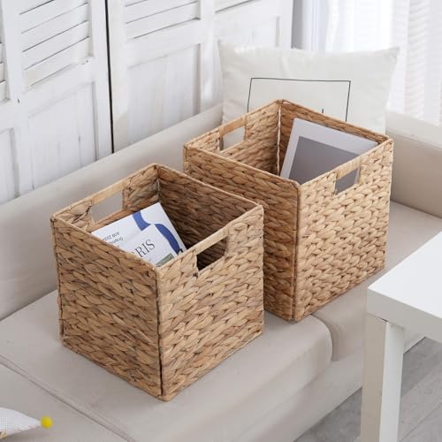 Wicker Storage Cubes, Foldable Storage Bins, 12x12x12 Inch, 2-Pack | 2-pack 12x12x12" foldable water hyacinth wicker cubes; collapsible storage bins for shelves, closets and home organization. - size: 2PC, style: Foldable