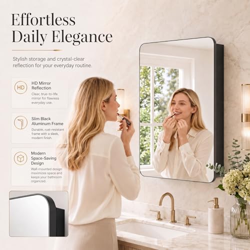 16x24 Black Medicine Cabinet with Mirror, Recessed & Surface Mount | Bathroom mirror with storage: 6 adjustable shelves fit tall bottles; DTC soft-close hinges; rust-resistant aluminum - size: 16" x 24"