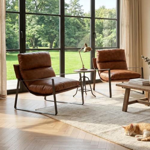 Set of 2 Accent Chairs, PU Leather Living Room Chair, Brown | Comfy Armchairs, Upholstered Lounge Armchair, Removable Seat Cushion, Bronze Metal Frame, For Reading Room, Bedroom, Balcony - color: Brown-bronze Legs, size: 2PCS