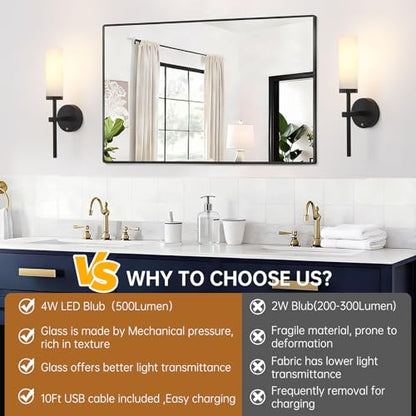 Shenmoyl Battery Operated Wall Sconces Set of 2, Black Rechargeable Wall Lighting Fixtures, Dimmable Wall Lights with Remote & Opal Glass Shade for Living Room, Bathroom,Bedroom - color: Black - Opal Glass