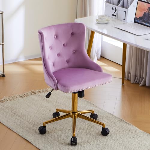 VINGLI Mauve Purple Armless Home Office Desk Chair with Gold Base/Wheels, Small Cute Vanity/Makeup Chair with Back for Bedroom, Upholstered Adjustable Rolling Swivel Nail Chair for Women/Girls - color: Mauve Purple