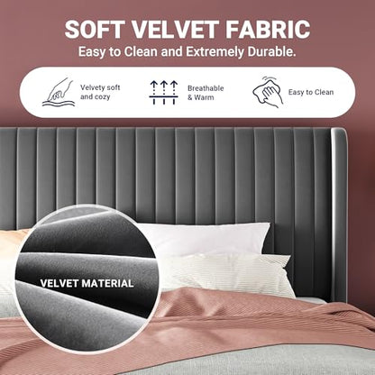 Allewie Queen Size Velvet Bed Frame/Vertical Channel Tufted Wingback Headboard/Upholstered Platform Bed/Strong Wooden Slats/No Box Spring Needed/Easy Assembly/Grey - color: Grey, size: Queen