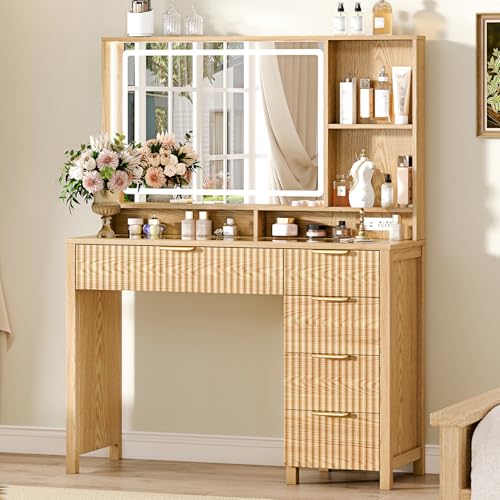 Arulvmrn Makeup Vanity Desk with Mirror and Lights, 43.3'' Glass Tabletop Vanity Table with 5 Drawers & Shelves,Big Vanity Set for Bedroom, Oak - color: Oak