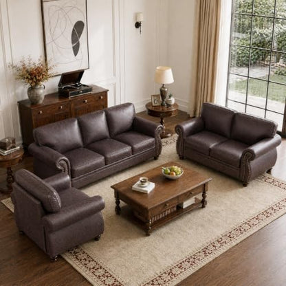 88"W Living Room Furniture Sets, 3-Seater&Loveseat&Single, Brown | Faux Leather Fabric Sofa and Couch Sets, Mid-Century Sofa Set with Nailhead Trim - color: Brown, size: L-6 seat