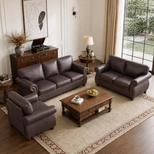 88"W Living Room Furniture Sets, 3-Seater&Loveseat&Single, Brown | Faux Leather Fabric Sofa and Couch Sets, Mid-Century Sofa Set with Nailhead Trim - color: Brown, size: L-6 seat