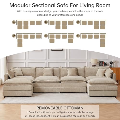 Modular Sectional Sofa, 147.2 Inch U Shaped Couch Set with Armrests, 4-Seater Comfy Cloud Couches with Movable Ottoman for Living Room Apartment, Coffee - color: Coffee, size: 147.2'' - U Shape