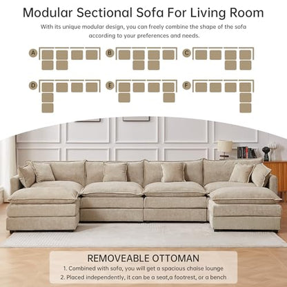 Modular Sectional Sofa, 147.2 Inch U Shaped Couch Set with Armrests, 4-Seater Comfy Cloud Couches with Movable Ottoman for Living Room Apartment, Coffee - color: Coffee, size: 147.2'' - U Shape