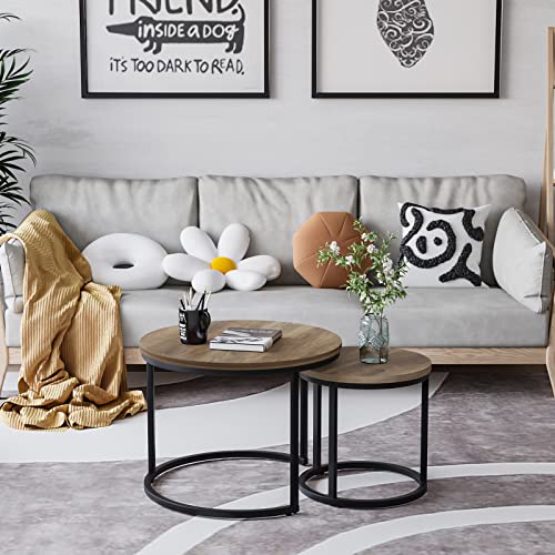 Smuxee Nesting Coffee Table Set of 2, 23.6" Round Coffee Table Wood Grain Top with Adjustable Non-Slip Feet, Industrial End Table Side Tables for Living Room Bedroom Balcony Yard - color: Oak, size: 23.6"W