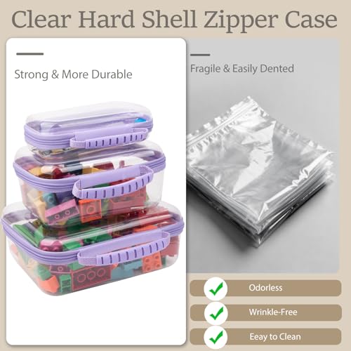 3 Pack Clear Hard Shell Zipper Storage Case Deep Capacity Organizer Pouches | PET Waterproof Transparent Bags with Handle 1.2mm Thick for Makeup Toiletries Cosmetics Toys Art Supplies Travel Essentials - color: purple