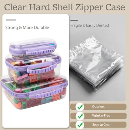 3 Pack Clear Hard Shell Zipper Storage Case Deep Capacity Organizer Pouches | PET Waterproof Transparent Bags with Handle 1.2mm Thick for Makeup Toiletries Cosmetics Toys Art Supplies Travel Essentials - color: purple