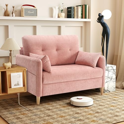 Urhanherry 47" Small Sofa Couch for Bedroom, Soft Chenille loveseat Mini Couch with Throw Pillow and Removable Cushion Cover for Small Spaces, Living Room, Apartment, Dorm, Office(Pink) - color: Pink