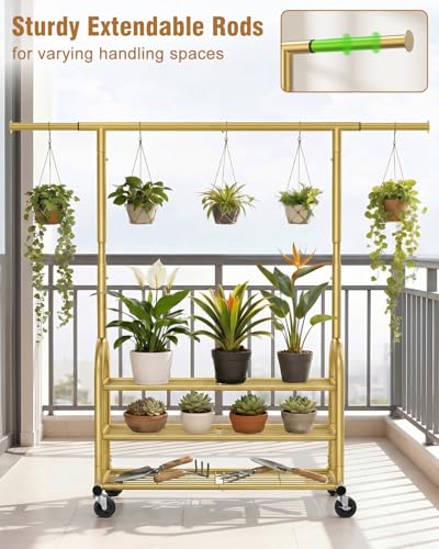 Heavy Duty Clothes Rack for Hanging Clothes Load 688 LBS, Height Adjustable Rolling Clothing Racks, Portable Metal Coat Rack Garment Wardrobe with Wheels and 3 Shelves for Bedroom, Gold - color: Gold, style: 3 Shelves