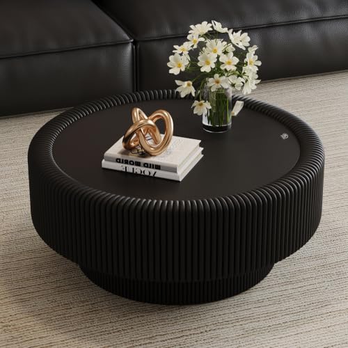 31.5" Black Round Coffee Table with Storage, Tempered Glass Top PU Leather Body & Baked Enamel Base, Modern Minimalist Fluted Circle Center Tables for or Living Room, Bedroom, Apartment - color: Black Glass, size: 31.5''Round