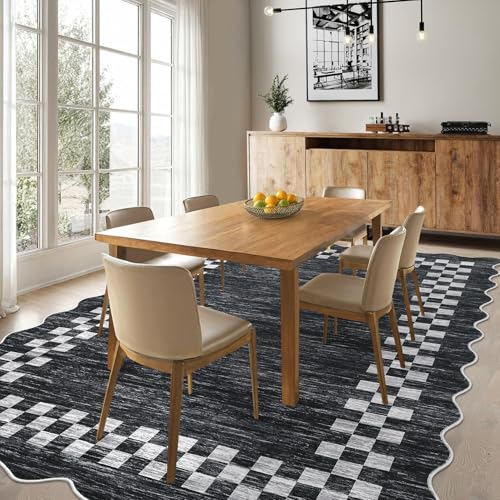 GarveeHome Small Bedroom Area Rug 3x5 Checkered Area Rug for Living Room | Nursery Non Slip Kitchen Throw Carpet Low Pile Modern Bordered Rugs Washable Brown Rugs for Laundry Entryway, Grey - color: Scalloped Dark Grey, size: 3' x 5' (Rectangular)