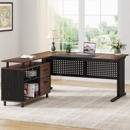 Tribesigns 63 Inch Executive Desk with File Cabinet, L Shaped Office Desk | Large Office Desk with File Drawer, L Shaped Desk with Storage Shelf, Business Furniture for Home Office, Dark Walnut - color: Black and Dark Walnut