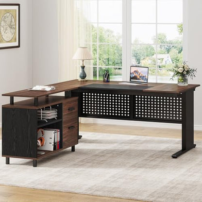 Tribesigns 63 Inch Executive Desk with File Cabinet, L Shaped Office Desk | Large Office Desk with File Drawer, L Shaped Desk with Storage Shelf, Business Furniture for Home Office, Dark Walnut - color: Black and Dark Walnut