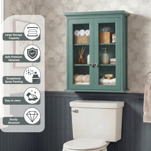 Over The Toilet Storage Cabinet, Bathroom Cabinet Wall Mounted with Built-in Level, Medicine Cabinet with Fluted Glass Doors, Wall Cabinet for Bathroom, Kitchen, Laundry Room, Halcyon Green - color: Halcyon Green